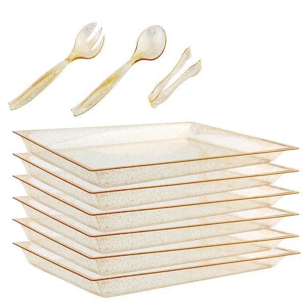 WELLIFE 24 Pack Plastic Gold Glitter Serving Tray with Disposable Utensils, 6 Rectangle Platter 15” x 10”, 6 Serving Spoons 10”, 6 Serving Forks 10”, 6 Serving Tongs 6.3” for Buffet