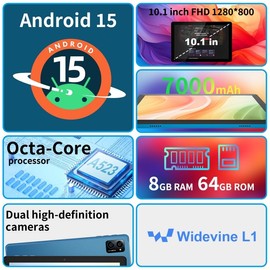 10 inch Android 15 Tablet: Octa-Core, 8GB RAM 64GB, 7000mAh, with Stand Case, IPS HD Display, Wi-Fi 6, OTG, Metal Body – Fast & Portable Tablet for Work & Entertainment, 2-Year Protection