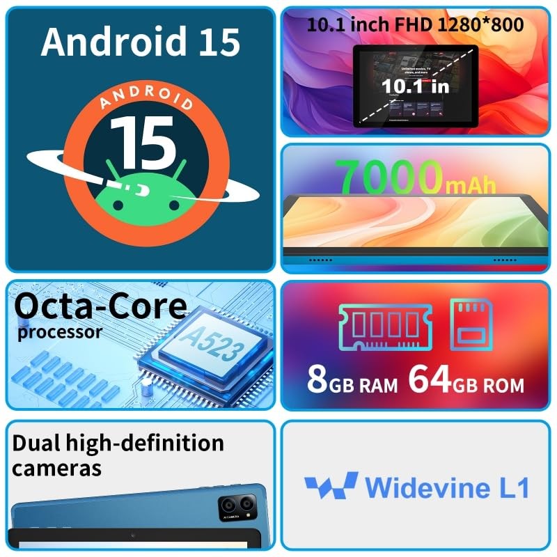 10 inch Android 15 Tablet: Octa-Core, 8GB RAM 64GB, 7000mAh,