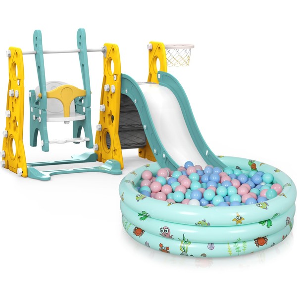 Hapsor Toddler Slide and Swing Set, 4 in 1 Kids Slide with Ball Pit, Basketball Hoop, Height Adjustable Swing, Versatile Fun Outdoor Indoor Playground for Toddlers Playset 1-3