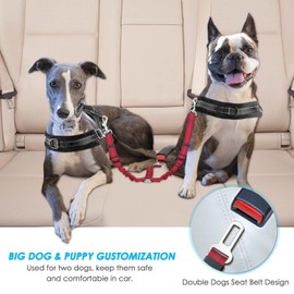 SlowTon Dog Seat Belt, Double Dog Seatbelt Adjustable Vehicle Safety Leash with Elastic Bungee Buffer, Reflective No Tangle Y Shape Two Dog Harness Seat Belt Splitter for Pets Car Trip (Red, M)