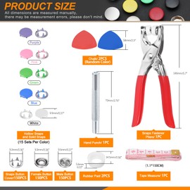 Rustark 608Pcs 5 Colors Snap Button Fastener with Pliers Tool Kit Includes 9.5mm Hollow and Solid Prong Snap Buttons, Snaps Pliers, Punching Tool, Ruler and Sewing Chalk for DIY Sewing Crafting