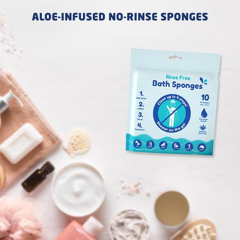 10pk Rinse Free Bath Sponges, 20x20cm Bath Wipes for Travel,