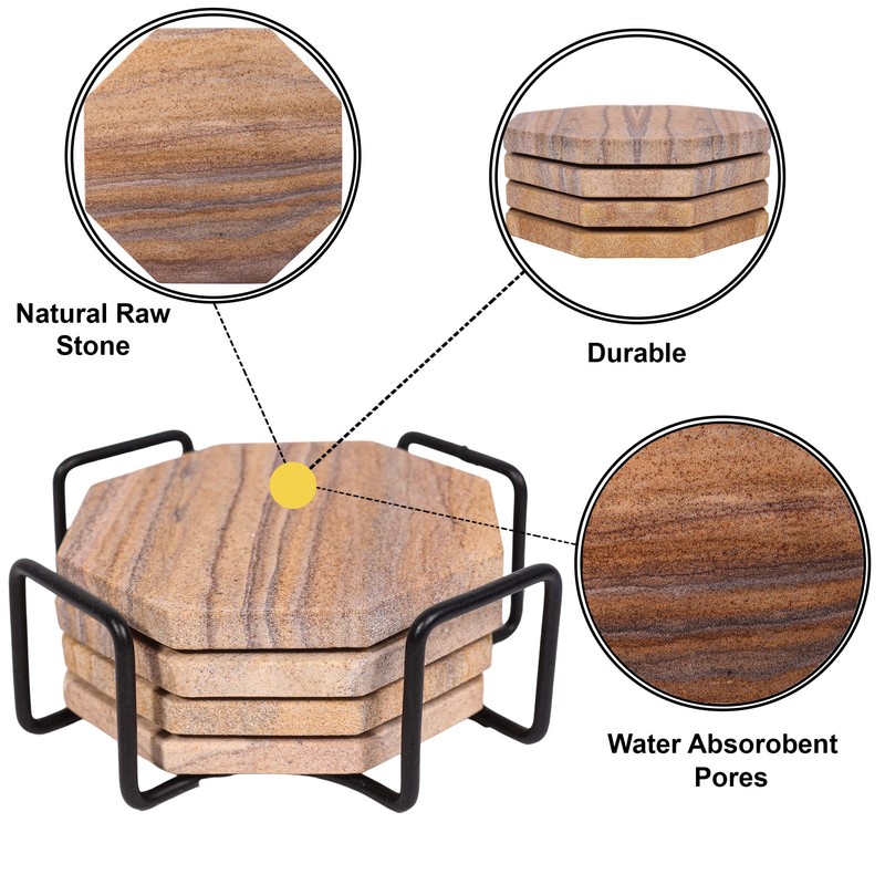 Marbco Sandstone Water Absorbent Hand Crafted Octagon Coasters for Drinks-