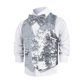 Dress Up America Sequin Vest with Bowtie - Boys Sequin Sparkly Vest for Boys - Party Costume for Kids (Silver)