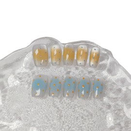 Medium Square Press on Nails Cat Eye Handmade False Nails with Designs, French Tip Short Coffin Reusable Fake Nails (Orange Blue#Small)