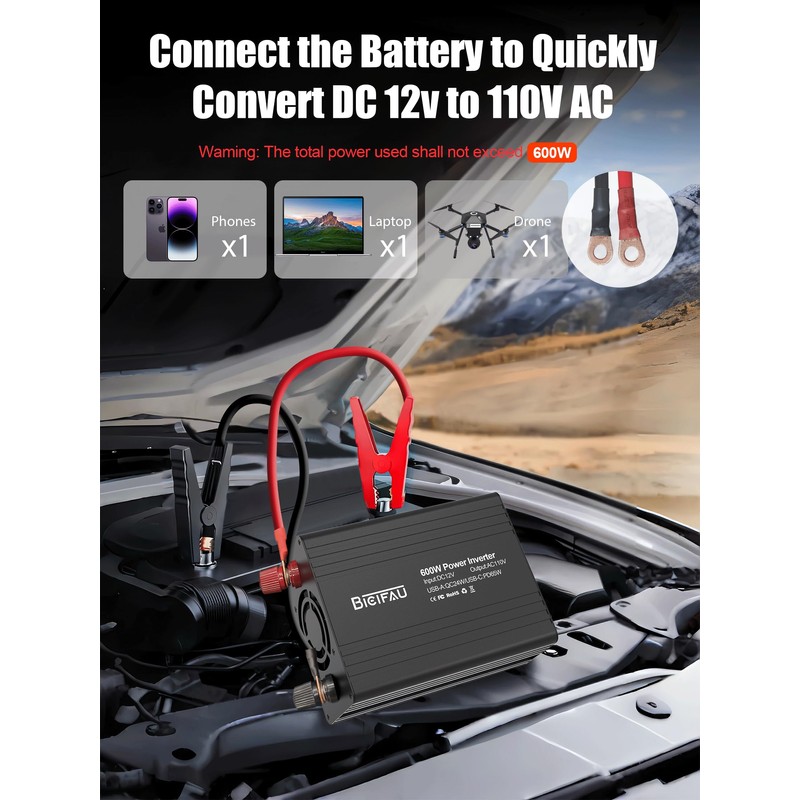 600W Inverter 12V to 110V, DC to AC Car Power