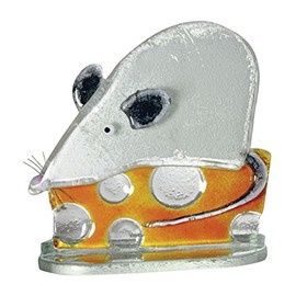 Quality Fused Glass Figurine - Little White Mouse with Cheese Paperweight Ornament - Handcrafted Glass White Mouse with Cheese Ornament