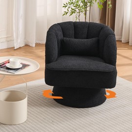 GarveeHome Modern Swivel Barrel Accent Chair, 360° Teddy Fabric Upholstered Armchair with Striped Backrest & Plush Padding, Comfy Round Lounge Chair for Living Room, Bedroom, Reading Nook, Black