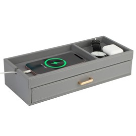 HofferRuffer Valet Jewelry Tray Organizer with Drawer, Faux Leather Storage Catchall Box Phone Charging Station Tray with Dresser Nightstand Desktop Drawer Organizer (Grey)