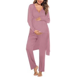 SWOMOG Maternity Nursing Robe Set 3 Piece Postpartum Breastfeeding Pajamas 3 in 1 Hospital Labor Delivery Pregnancy Pjs