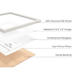 HAUS AND HUES Solid Oak 12”x12” Picture Frame Matted to 8”x8” - 12x12 Frame with Mat, 12x12 Picture Frame, White Picture Frame in 12 x 12, Square Picture Frame 12x12, 12 x 12 White Poster Frame