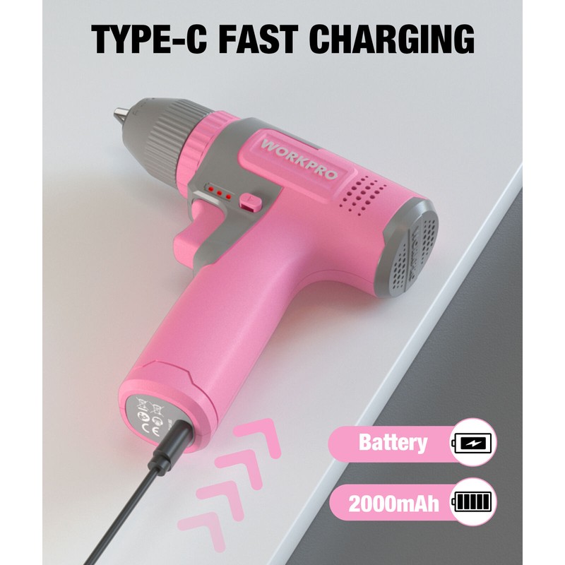 Workpro Pink Cordless 8V Drill Driver Set, 2Ah Electric w/3/8''