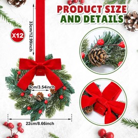 Knitgrip 12 Pcs Small Christmas Cabinet Wreaths Bulk Mini Kitchen Windows Decors with Red Bow Artificial Norfolk Farmhouse Wreaths with Red Berry Pine Cone for Fireplace Front Door Porch Wall Hanging