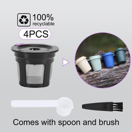 BOXOB Pack of 4 Refillable Coffee Filters for Keurig 1.0 and 2.0 Brewers, Reusable Coffee Filter Cups with Spoon and Brush, Coffee Pods Capsules with Stainless Steel Strainer (Black)