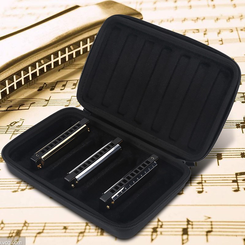 PU Leather Black Harmonica Zippered Carrying Case Storage Bag for
