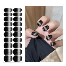 Oauee Semi Cured Gel Nail Strips | 20 Gel Nail Stickers | For Uv/Led Manicure Lamps | Salon Quality, Easy Application And Removal(Black Cat Eye Nail Art Design)
