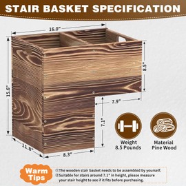 THOOUM Wooden Stair Basket with Handles, 300mm Wide Staircase Basket Organizer for Carpeted & Wooden Stairs