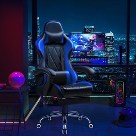 Shahoo Gaming Chair with Footrest and Massage Lumbar Support, Ergonomic Computer Seat Height Adjustable with 360°Swivel and Headrest, Blue