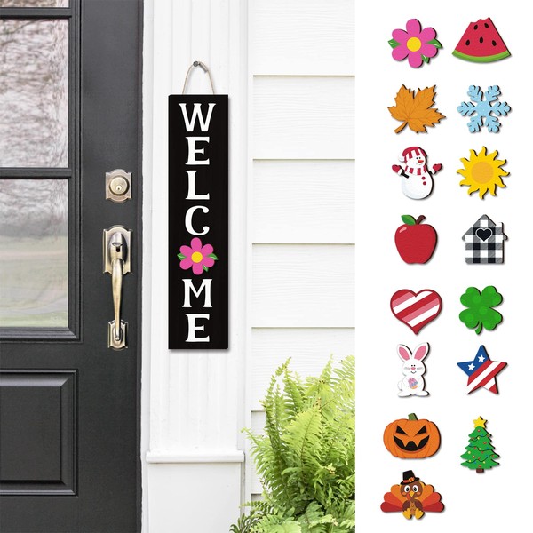Interchangeable Mini Welcome Vertical Door Sign Wooden Indoor Outdoor Hanger with 15 Pcs Seasonal Replaceable Ornaments Rustic Farmhouse Porch Sign Home Decoration Ideas -Black