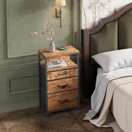 YeTom Nightstand, Bedside Table with 3 Fabric Drawers, Side Table with Open Shelf, End Table with Steel Frame,3 Drawer Dresser for Bedroom, Entryway, College Dorm, Easy Assembly,Brown