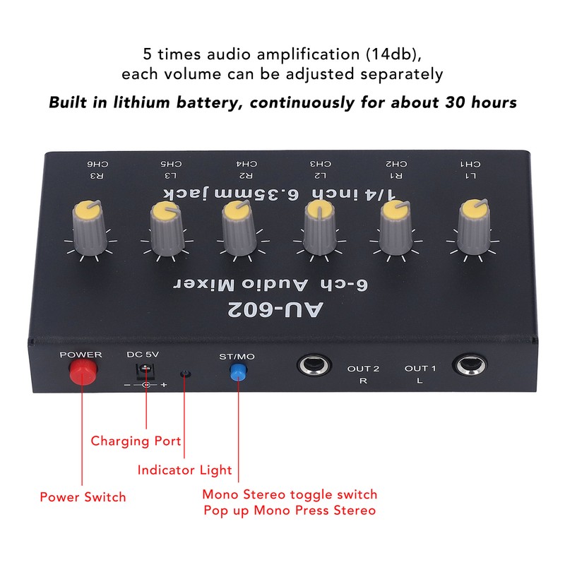 6 Channel Compact Audio Mixer Mono Stereo Switching 6 in