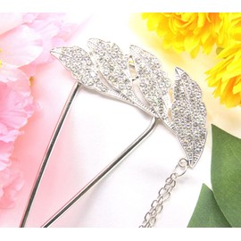 Miaomyao Kanzashi, Kanzashi, Bee Shape, Two-legged Kimono Kimono, Closed-sleeve Hair Ornament, Metal, Antique Leaf Flower, Pearl, Zirconia, U-Shaped Comb, Hair Accessory (Silver)