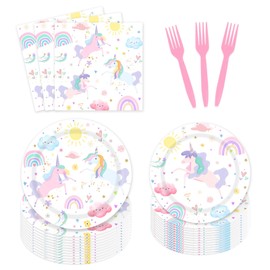 AEMUYA 96-Piece Unicorn Party Supplies Set - Magical Pastel Rainbow Tableware Kit for Girls Birthday, Serves 24 Guests with Plates, Napkins, Forks, Eco-Friendly Disposable Decorations