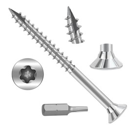 JOUGU Wood Screws #6 × 1-1/2 inch Torx Star Drive Deck Screws Flat Head M3.5 × 40 Countersunk T10 Self Tapping Thread Cut 200pcs Carbon Steel Galvanized, (Small Box)