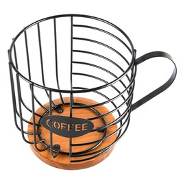 Sarini Coffee Pod Organizer Counter Coffee Capsule Holder Large Capacity Black Wire Storage Basket with Wooden Base for Kitchen and Office
