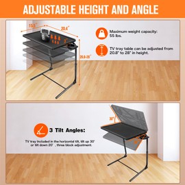 TV Tray Table, TV Dinner Table with 3 Tilt Angles and 6 Height Adjustments, Folding Adjustable Tray Tables with Cup Holder for Eating on Couch, Bed & Sofa, Set of 2