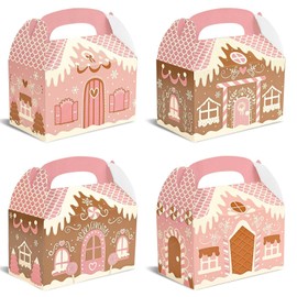 24Pcs Pink Christmas Paper Gift Boxes Gingerbread House Candy Boxes Xmas Party Favor Boxes for Winter Holidays Merry Christmas Party Packaging Supplies