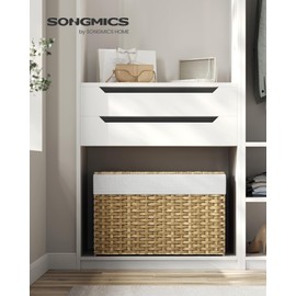 SONGMICS Storage Basket with Lid, 27.7 Gallon (105L) Storage Bin, Woven Blanket Storage Basket with Handles, Foldable, Removable Liner, Metal Frame, for Bedroom, Laundry Room, Natural URST066N01