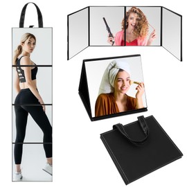 Burbell 3 Way Foldable Camping Full Length Mirror with Handle Folding Travel Dance Hanging Portable Body Mirror for Makeup Fitness Spa Hair Styling, 31.89 x 11.22 Inches(Black)