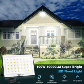 papasbox 100W LED Floodlight Outdoor, 10000LM Super Bright, 6500K Cool White Outdoor Floodlight, IP66 Waterproof LED Spotlight, Security Light for Backyard, Driveway, Garage, Hallway, Garden