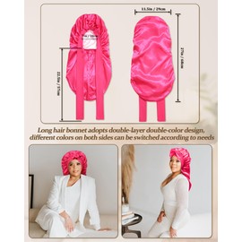 Reversible Long Hair Bonnet Satin Bonnet for Braids Sleep Bonnets for Women with Elastic Tie Band Hair Wrap(Rose Red+Pink)