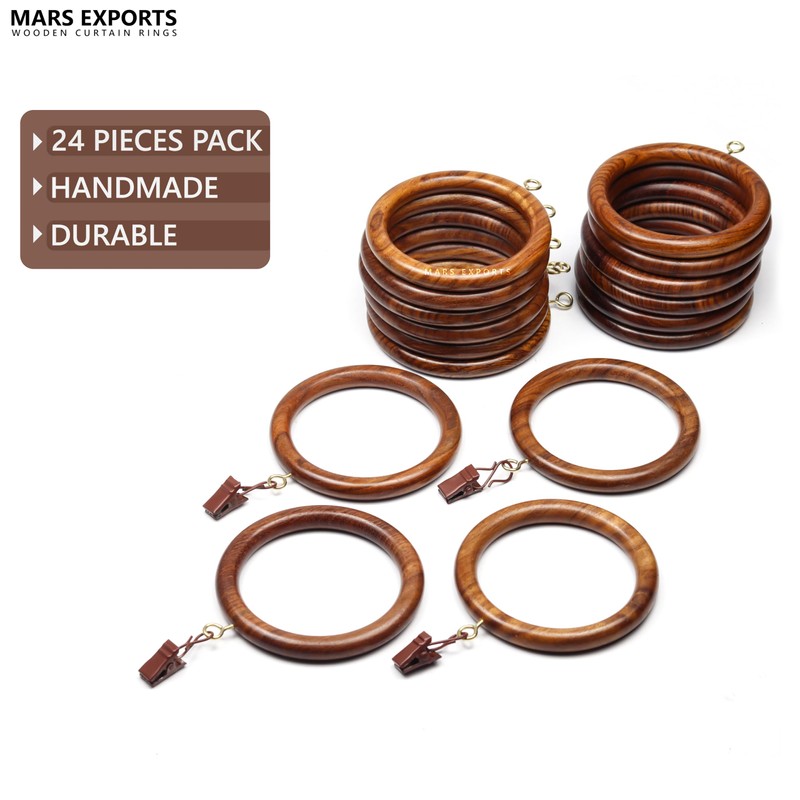 24 Wooden Curtain Rings with Clips – Fits 2.5 Inch