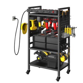 zsttion Power Tool Organizer Cart with Charging Station, 4-Tier Rolling Tool Cart for Garage Storage,Heavy-Duty Floor-Standing Storage Rack with 8-Outlet Power Strip,Supports 500 lbs
