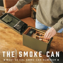 CASE ELEGANCE - The Smoke Can 50CAL Humidor, Thick Metal Ammo Box, Spanish Cedar Shelves, Army Green Finish, 69%, Digital Hygrometer, Magnetic Accessory Case - Holds 30-40 Cigars