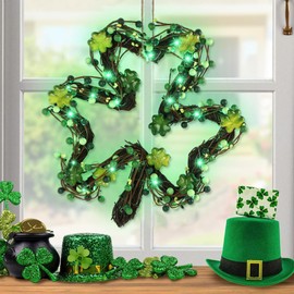 DR.DUDU St. Patricks Day Wreath Decorations, 14 Inch Shamrock Wreaths for Front Door with Green Clover LED Lights, St. Patrick's Day Decor for Spring Outdoor Home Wall Window