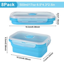 Mifoci Set of 8 Silicone Collapsible Bowls for Camping with Vent Lid Silicone Storage Containers for Food Meal Preparation Square Bowl Microwave Freezer Dishwasher Safe(Blue,17 Oz/ 500 ml)