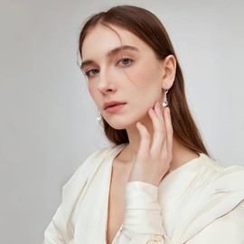 Lwsary Infinity Pearl Drop Earrings 925 Sterling Silver Dangle Leverback Earrings with 7MM Pearl Jewelry for Women