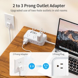 NTONPOWER regleta de enchufes de 2 Clavijas, Adaptador de Enchufe de 2 Clavijas a 3 Clavijas de 1875W, regleta de enchufes Protectora contra sobretensiones de 1080 Julios con 4 Puertos USB (2 USB C)