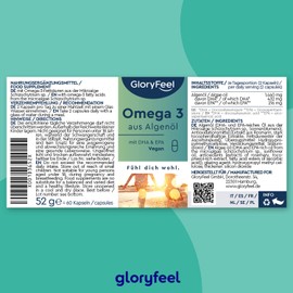 Omega-3 vegan from algae oil (1,440 mg), capsule - brand raw material life's™ Omega - high dose with 432 mg DHA and 216 mg EPA (in triglyceride form) - 100% plant-based, laboratory tested in Germany