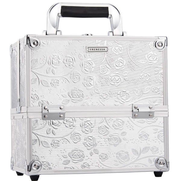 FRENESSA Makeup Train Case Portable Cosmetic Box Organizer 4 Trays Aluminum Makeup Case Storage with Divider Lockable for Makeup Artist, Crafter, Makeup Tools Elagant Silver Rose