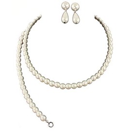 Fashion Jewelry ~ Imitation Faux Pearls Rhinestones Necklace Bracelet and Earrings Jewelry Set for Women (White Silvertone B)