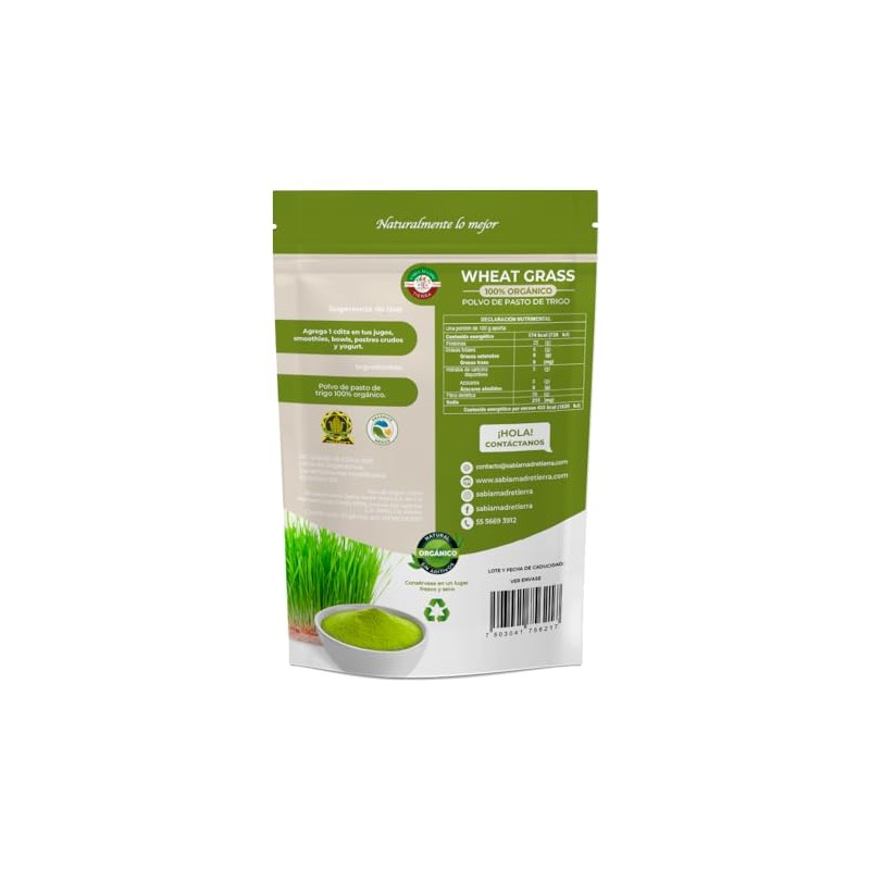 Wheatgrass Orgánico certificado en polvo 250g, fuente de clorofila, vitaminas