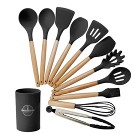 Juego de Utensilios de Cocina | Kit 12 Piezas de Cocina | Set de Instrumentos de Silicona | Mango de Madera Resistentes | Herramientas de Cocina Multifuncionales (Negro)