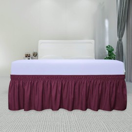PureFit Wrap Around Ruffled Bed Skirt with Adjustable Elastic Belt - 14 Inch Drop Easy to Put On, Wrinkle Free Bedskirt Dust Ruffles, Bed Frame Cover for Twin,Twin XL and Full Size Beds, Wine