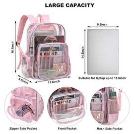 Mimfutu Heavy Duty Clear Backpack School Backpack, PVC Transparent Backpacks See Through Bookbag for Girls Boys Women Men (Light Pink)